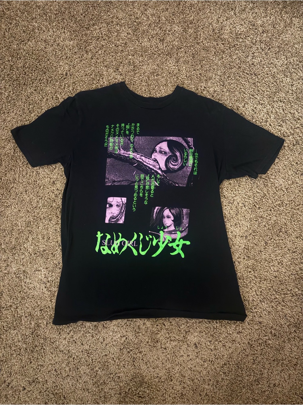 Black Graphic Manga Panel Tee with Neon Green Accents